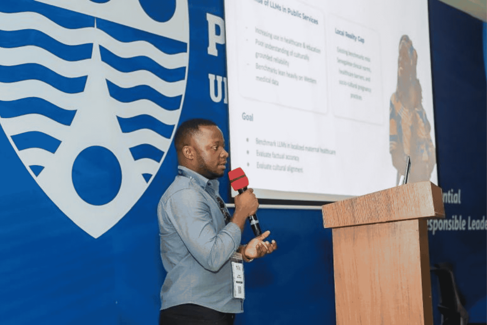 Ertony Bashil presenting SenMH QA during Research in Africa Days at Deep Learning Indaba 2026.