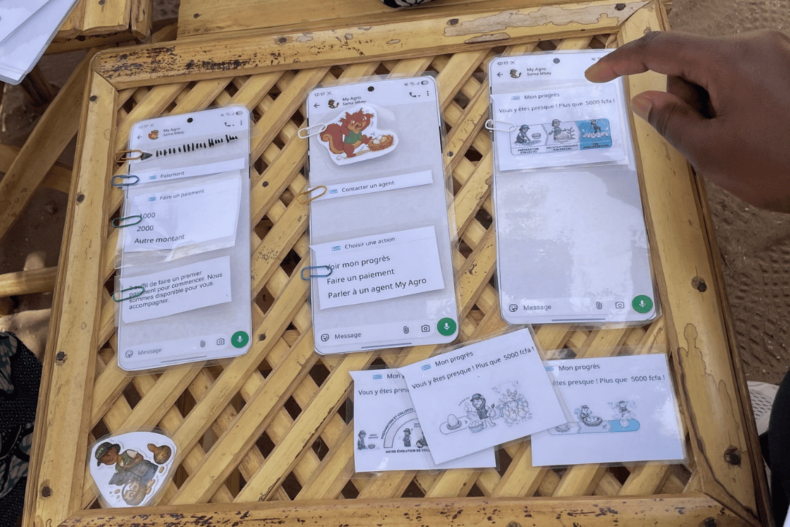 Low-fidelity WhatsApp flows and visual concepts used during farmer testing.