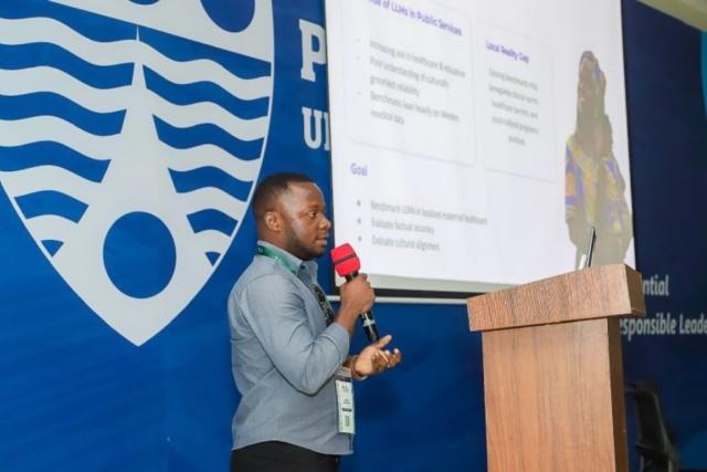 Ertony Bashil presenting SenMH QA during Research in Africa Days at Deep Learning Indaba 2026.